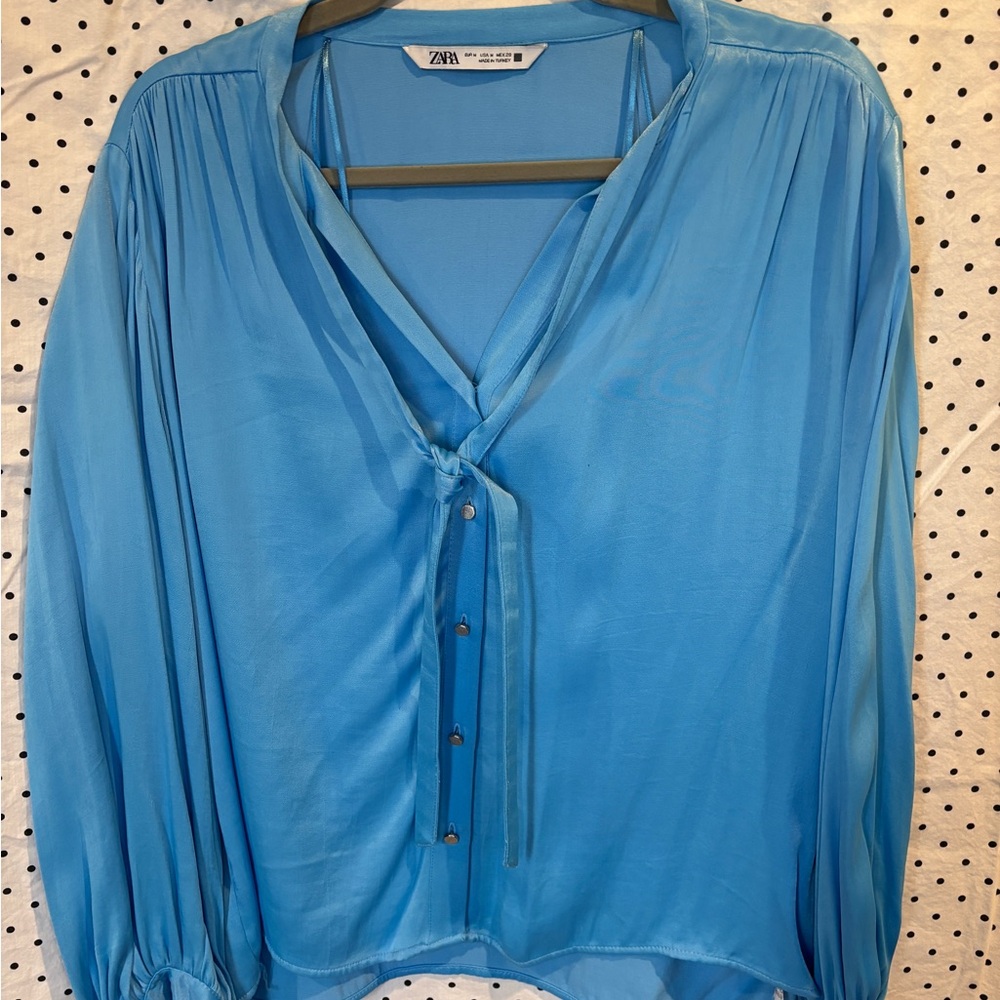 Zara Women's Sky Blue Tie-Front Blouse